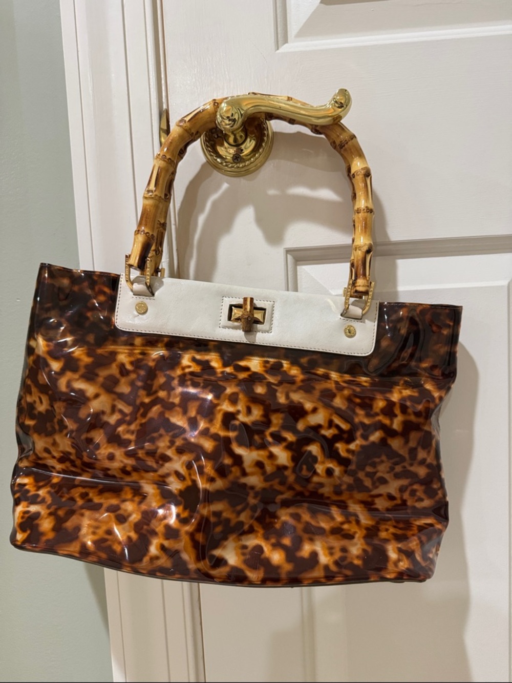 Monsac Tortoiseshell Tote with White Trim and Bamboo-Style Handles